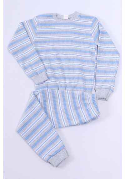 Hçm Erkek Çocuk Pijama Takımı Çizgili Ribanalı A35 Mavı
