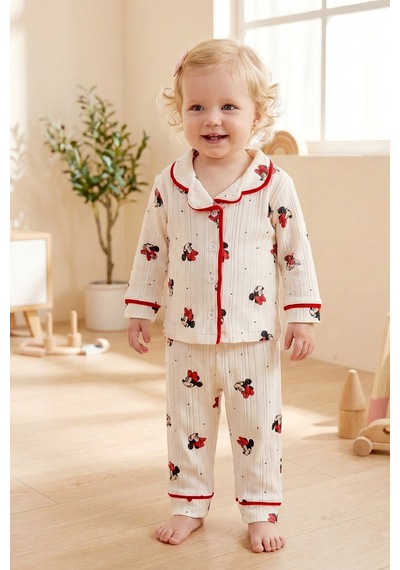 Babymod Fiğürlü Bebe Yaka Önden Düğmeli Kız Bebek Pijama Takımı Kımızı