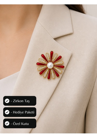 Kırmızı Taş Detaylı İnci Görünümlü Kadın Broş Hediye Aksesuarı Açık Gri