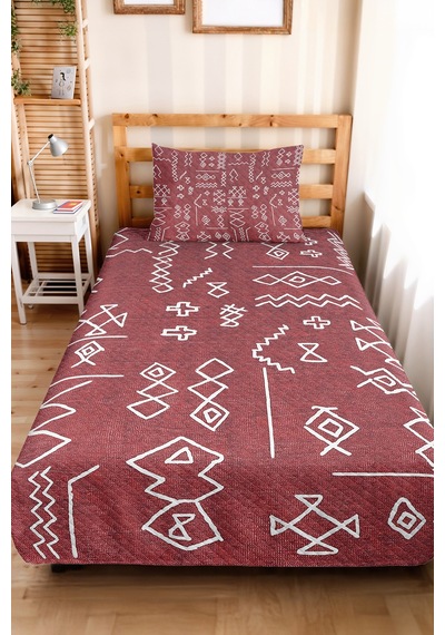 Bohem Etnik Bordo Tek Kişilik Pike Takımı - Geometrik Beyaz 160x220 Cm Kapitone Yazlık Yatak Örtüsü Kırsal Ufuk Demi