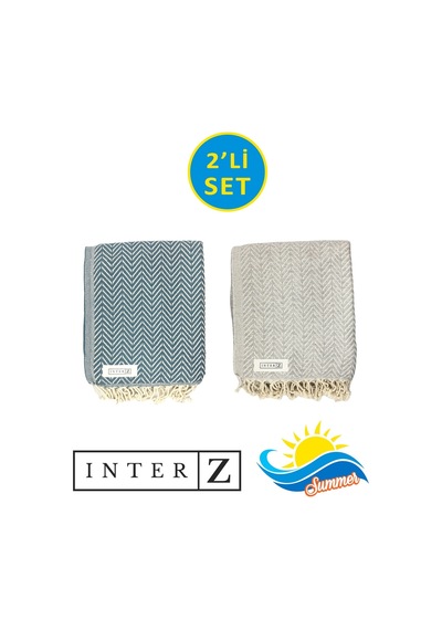 2'li Set Peştemal Plaj Havlusu , %100 Pamuk , Xxl 100x180cm, Marmaris, Gri - Mavi