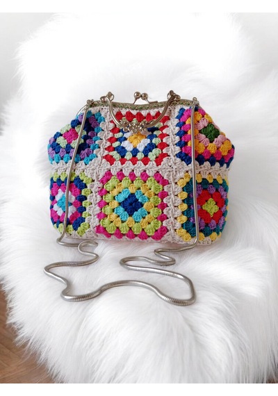 Embahandmde El Yapımı Metal Klipsli Renkli Granny Square Omuz Çantası Gümüş Zincirli Ekru - Çok Renkli