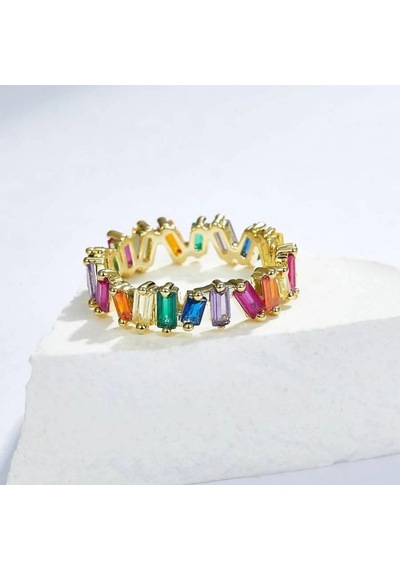 Renkli Baget Taşlı Rainbow Rhinestone Kaya Kristali Yüzük 8