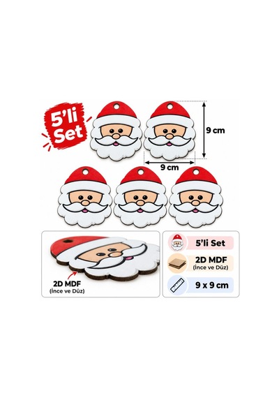 5 Li Noel Baba Yılbaşı Çam Ağacı Süsü Büyük Boy 9x9 Cm 2d Mdf Asılabilir Çam Ağacı Dekoru Diğer