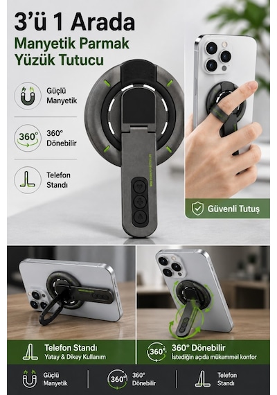 Polham 3in1 Manyetik Telefon Tutucu 360 Döner Parmak Yüzük Ve Ayarlanabilir Telefon Standı, Ful Metal Stand Siyah