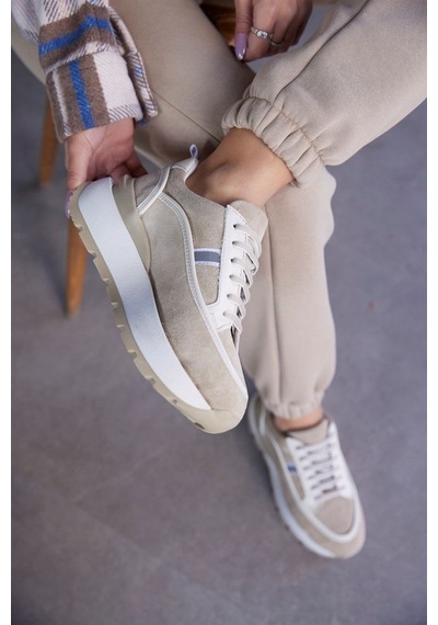 Dapne Bej Hakiki Süet Kalın Tabanlı Kadın Sneaker-Bej