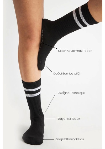 Bamboo Star Bambu Kadın Siyah Kaydırmaz Taban Silikon Baskı Yoga Fitness Pilates Bale Dans Tenis Çorabı