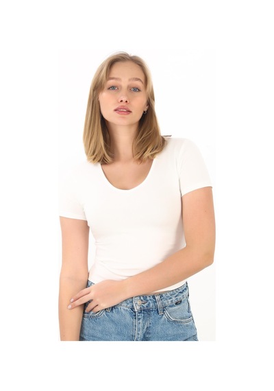 V Yaka Slim Fit Crop Tişört-ekru Ekru