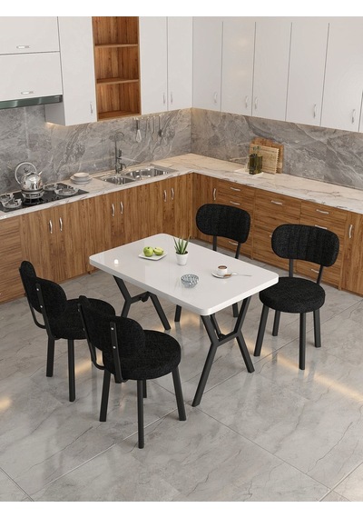 Azra 70x110cm Beyaz Mutfak Masası, Mutfak Masası Takımı, Yemek Masası, 4 Siyah Sandalye Siyah