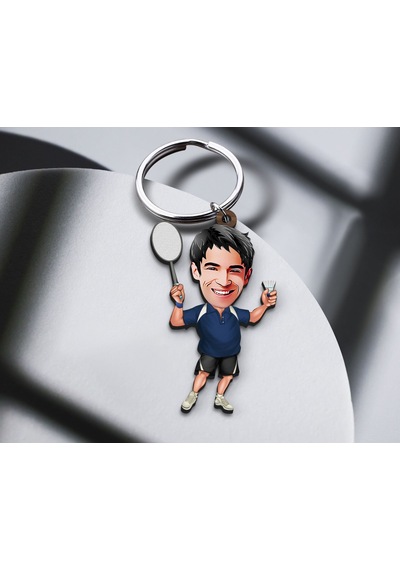 Bk Gift Kişiye Özel Erkek Badminton Karikatürlü Ahşap Anahtarlık-1 Sevgiliye Hediye, Arkadaşa Hediye, Doğum Günü Hediyesi