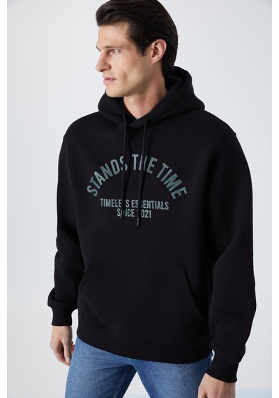 Grimelange Wulf Erkek Organik Kumaşlı İçi Polarlı Yumuşacık Kanguru Cepli Kapüşonlu Siyah Sweatshirt Siyah