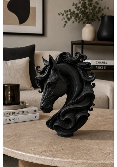 3d Horse Dekoratif Büst 25cm Siyah