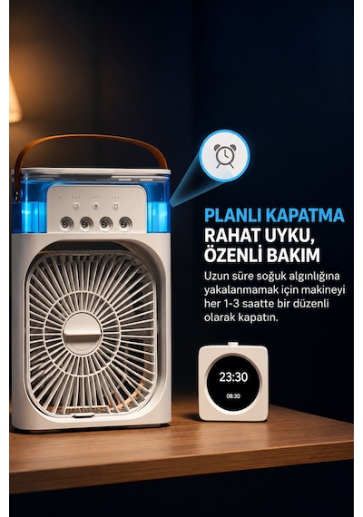 Exenar - Siyah - Buharlı Serinletici Masaüstü Mini Fan Nemlendirici Led Işıklı Hava Soğutucu Vantilatör 600ml 3kademe