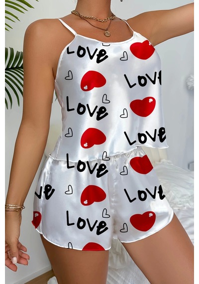 Cojans Love Desenli Saten Şortlu Gecelik Çok Renkli