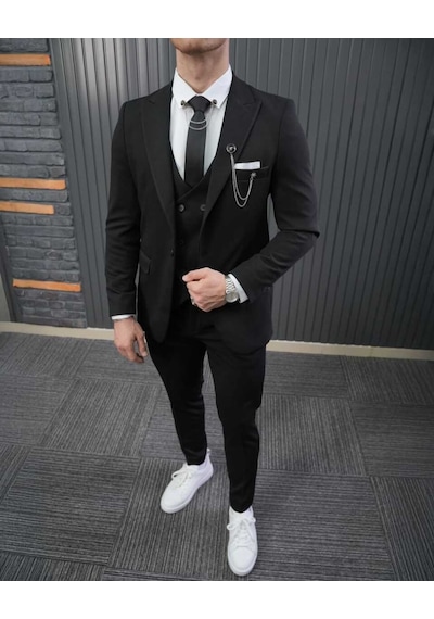 Beystil Sivri Yaka Siyah Takım Elbise Petek04 - Slim Fit Siyah