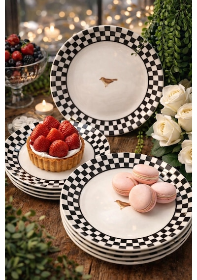 Damalı Kuşlu 6 Lı Pasta Tabağı Beyaz - Siyah
