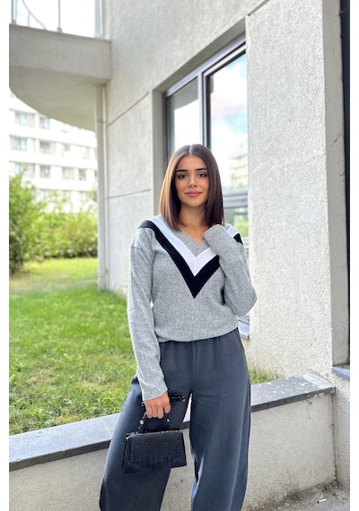WeShaya Kadın Gri Uzun Kollu V Yaka Color Block Bluz Sweatshirt & Pamuklu Kazak Gri