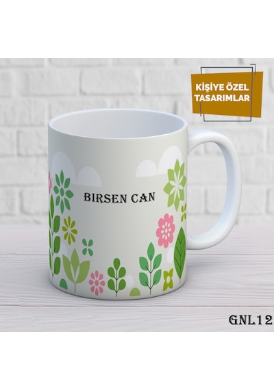 Kişiye Özel Kupa İsimli & Fotoğraflı Premium Hediye Bardak Çiçekler Beyaz