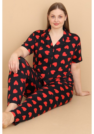 Wordex Mirano 2854 Kalpli Milan Kumaş Kısa Kollu Düğmeli Büyük Beden Kadın Pijama Takımı Siyah Wordex Mirano 2854 Kalpli Milan Kumaş Kısa Kollu Düğmeli Büyük Beden Kadın Pijama Takımı Siyah