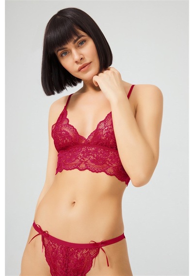 Cottonhill Bordo Dantelli Transparan Balensiz Kadın Sütyen Takımı Bordo