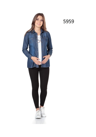 Busa Hamile Kot Gömlek Düz Model Mavi Mavi