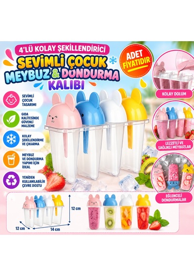 4'lü Kolay Şekillendirici Sevimli Çocuk Meybuz & Dondurma Kalıbı Ap-9179 Adet Fiyatıdır Beyaz - Çok Renkli