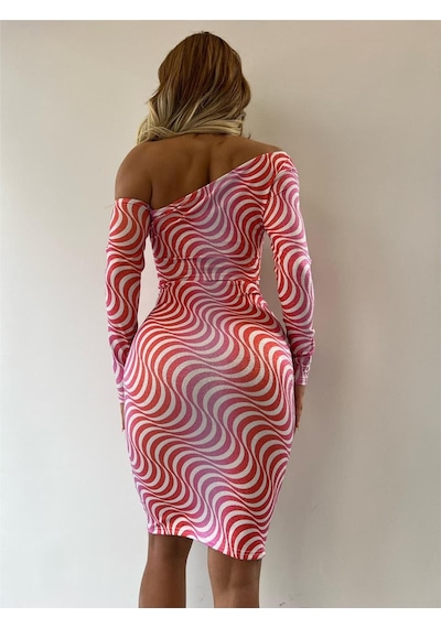 Pink Life Beyaz Kırmızı Simli Uzun Büzgülü Elbise Kırmızı