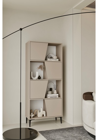 Roma Kitaplık 175 Cm - Vitrin - Gümüşlük 100% Mdf Metal Ayak Kumtaşı