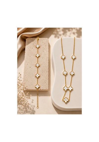Çelik Yonca 2'li Set Model Bileklik Ve Kolye Gümüş-altın - 900798680 Gümüş-altın
