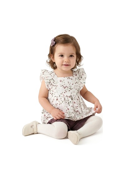 Bebegen Kız Bebek Beyaz Mor Minik Çiçek Desenli Kolları Fırfırlı Müslin 2'li Takım