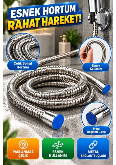Kare Duş Başlığı Seti Krom Görünümlü El Duşu Çelik Spiral Hortum Ve Duvar Askısı Banyo Duş Seti 3'lü Gri