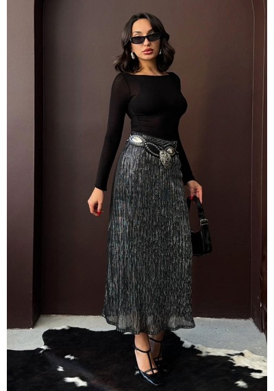 Verymoda Simli Pliseli Etek F2067 Siyah Gümüş