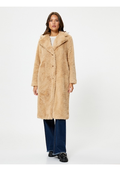 Koton Oversize Peluş Kaban Uzun Cep Detaylı Düğmeli Bej 4wak00169ew 4WAK00169EW050 Ekru