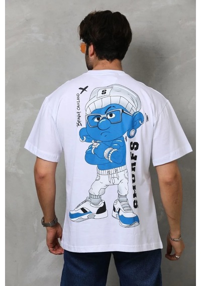 Erkek Kısa Kol Yazlık Tişört Bisiklet Yaka Baskılı Oversize T-shirt - Beyaz Siyah