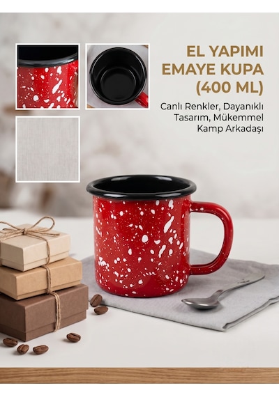 Galaksi Serisi Kobalt Mavi Sarı Sıçratmalı Retro Emaye Kamp Kupası 400 Ml Kırmızı