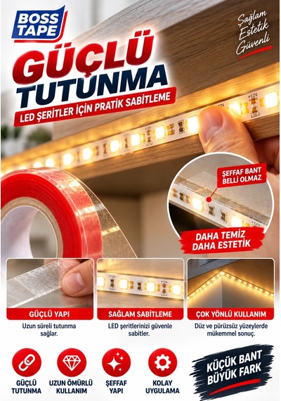 Led Yapıştırma Bandı 6 Metre 10 Mm Şeffaf Çift Taraflı Güçlü Led Şerit Sabitleme Bandı