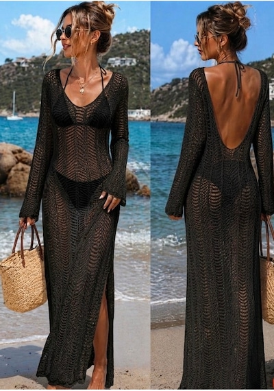 Nilza Santorini Yırtmaçlı Uzun Kollu Ajurlu Maxi Plaj Elbisesi Pareo Siyah