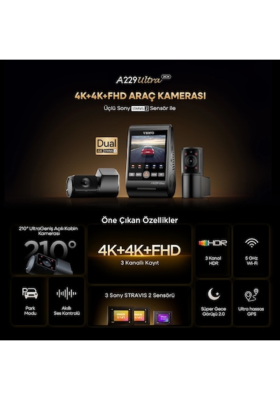 Viofo A229 Ultra 3 Kameralı Ön+arka+iç 4k+4k+1080p Hdr Sony Starvıs 2 Sensörlü Wi-fi 6 Gps'li Araç Kamerası
