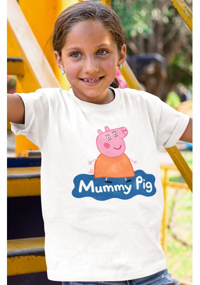 Sevbano Anne Pig Peppa Pig Baskılı Unisex Çizgi Film Çocuk Tişört 1-12 Y beyaz