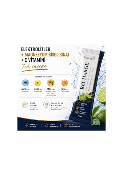 Recharge 20 Saşe, Şekersiz Elektrolit İçecek Tozu, Magnezyum Bisglisinat Ve C Vitamini, Limon & Citrus Aromalı