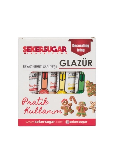 Glazür 4 Lü Süsleme Seti 40 G Beyaz, Kırmızı, Sarı, Yeşil Pasta Ve Kurabiye Dekoru