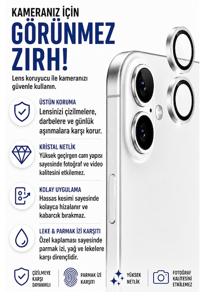 Apple iPhone 17 Uyumlu Kamera Lens Koruyucu Beyaz