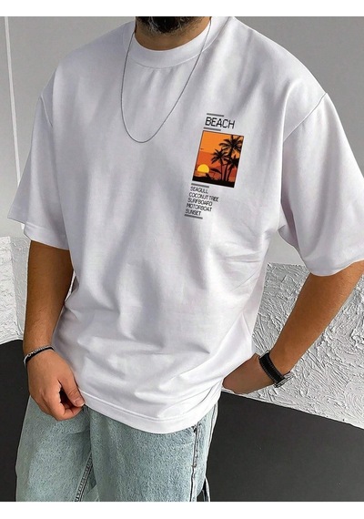 Beach Logo T-shirt - Beyaz Baskılı Oversize Bisiklet Yaka Kısa Kol Beyaz-49407 Beach Logo T-shirt - Beyaz Baskılı Oversize Bisiklet Yaka Kısa Kol Beyaz-49407