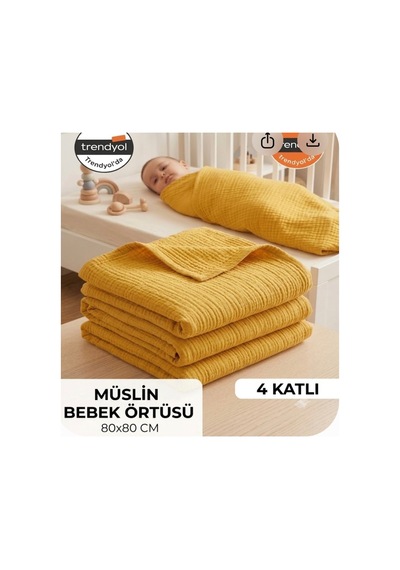 2 Li Paket 4 Katlı Müslin Bebek Battaniyesi 85x85 Cm - Bebek Örtüsü & Yeni Doğan Kundak - Sarı Mavi - 904779406 Mavi