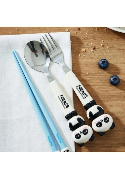 Hayvan Figürlü Çocuk Çatal Kaşık Ve Chopstick Seti 3'lü Takım Beyaz