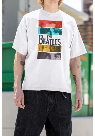 The Beatles Baskılı Unisex Tişört, Oversize Müzik Grubu Tişört Beyaz