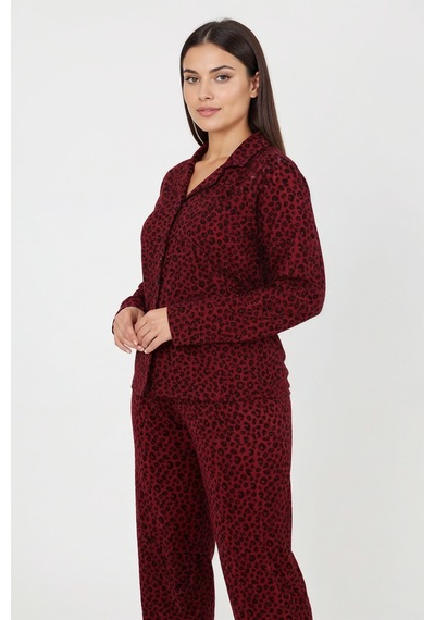 Bravie Luxury Soft Bordo Leopar Desenli Uzun Kollu Kadın Pijama Takımı Büyük Beden 3002 Bordo