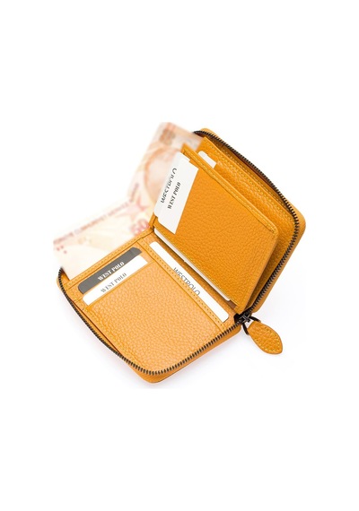 Westpolo Hakiki Deri Kağıt Para Ve Bol Kart Bölmeli Fermuarlı Unisex Cüzdan - Sarı Sarı