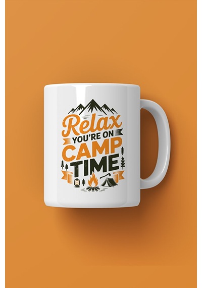 Relax You Re On Camp Time Kupa Kamp Temalı Porselen Kahve Kupası 330 Ml Beyaz