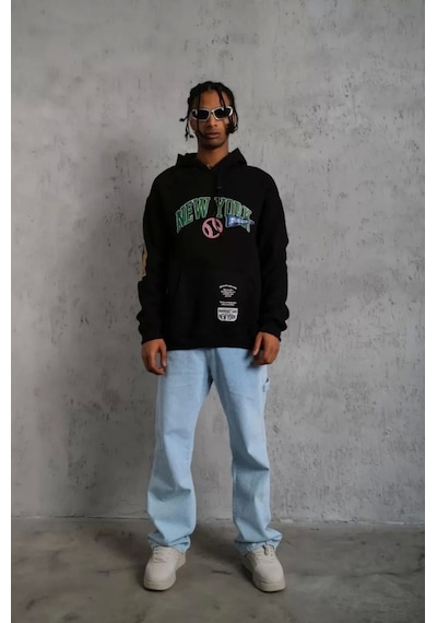 Erkek Baskılı Kapüşonlu Sweatshirt - Siyah Siyah